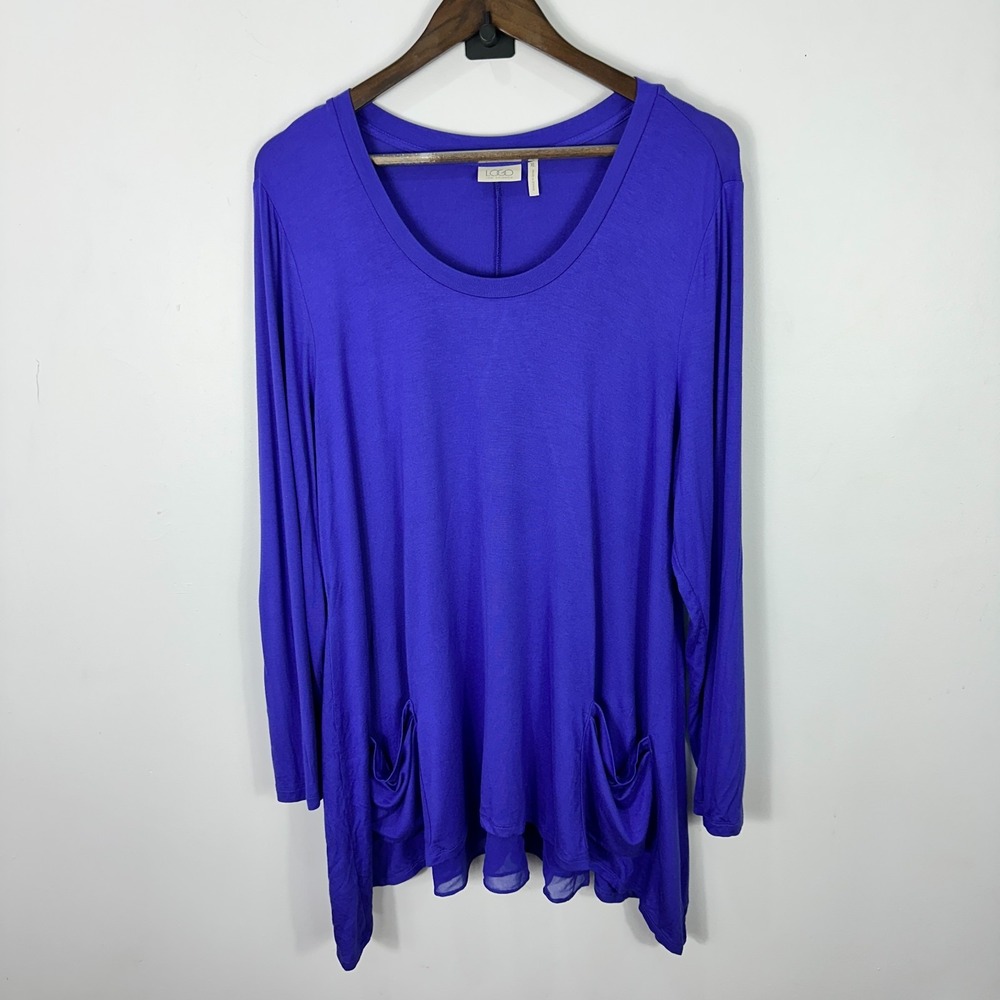 LOGO by Lori Goldstein Top XL Purple Draped Pocket Tunic Artsy Lagenlook Boho